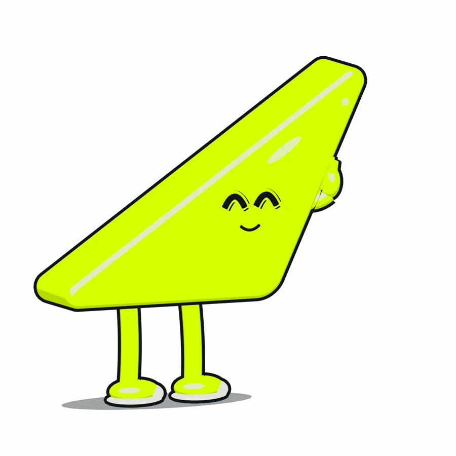 Pi, a lime triangle with long legs and sneakers, cheering